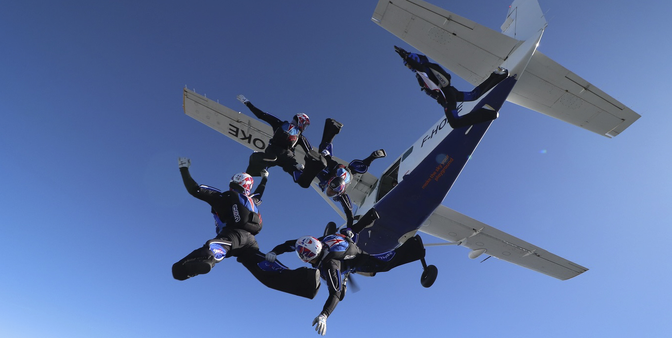 Professional skydiver wearing custom Vertigen Fly suit